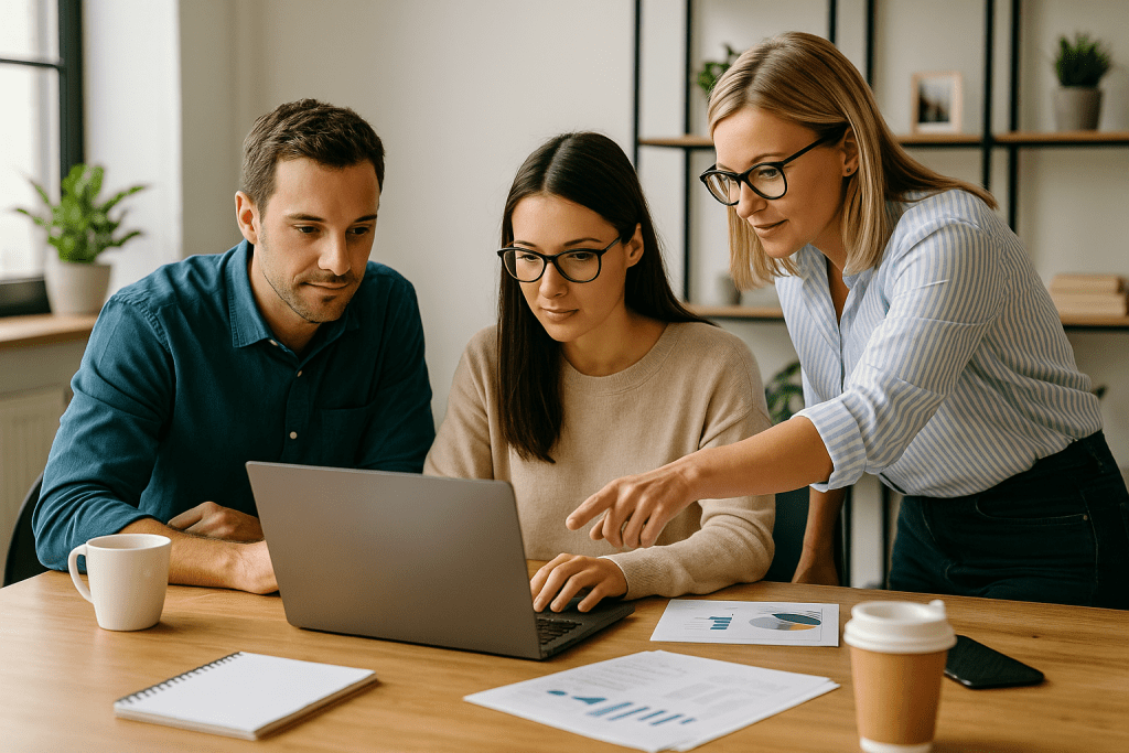 Professional team collaborating on website development and support planning.